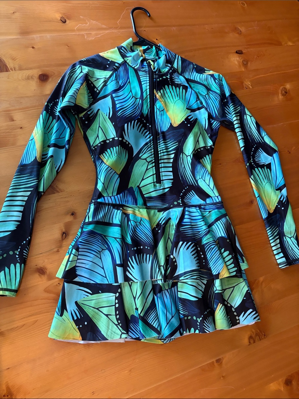 Source Unknown ~ Butterfly 🦋 Blue Green Black Long-Sleeve One-Piece Swimdress